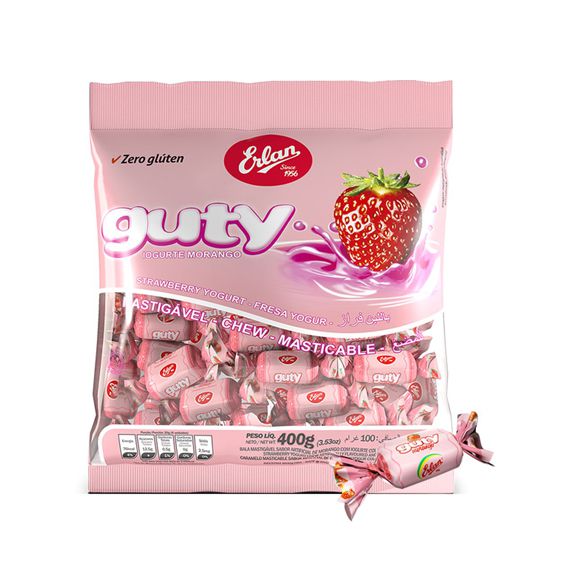 BALA GUTY MORANGO SABOR MASTIGAVEL ERLAN 400g (doces mastigáveis de morango)