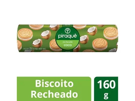 Biscoito recheado Coco Piraque 160g. Bolacha recheada.(Galleta rellena coco)