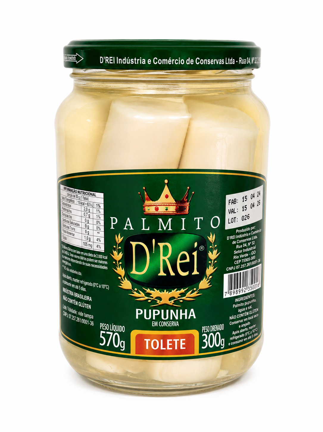 Palmito inteiro D'Rei drenado 300gr.