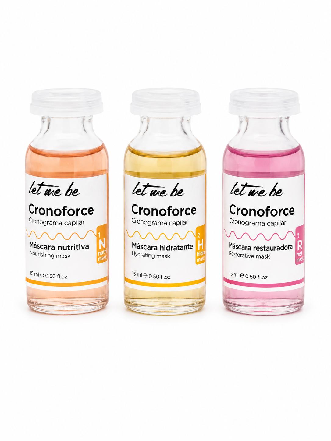 Kit Cronograma Capilar Cronoforce Let Me Be concentrado. Máscara nutritiva. Máscara Hidratante. Máscara Restauradora. 15ml