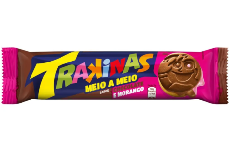 TRAKINAS Bolacha Recheada meio a meio Chocolate Morango 136g.